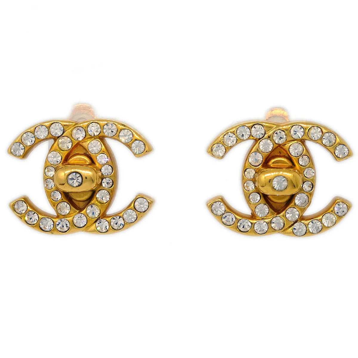 Chanel Gold CC Turnlock Earrings Rhinestone Clip-On 96A