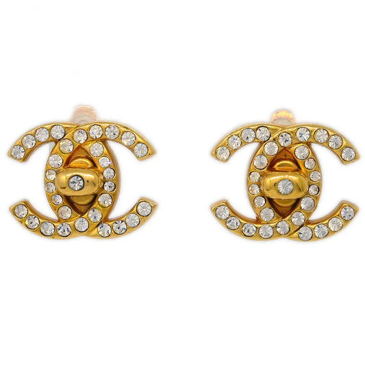 Chanel Gold CC Turnlock Earrings Rhinestone Clip-On 96A