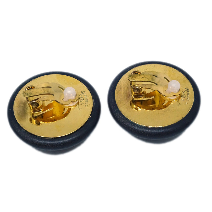 Chanel Button Earrings Clip-On Black Gold 24