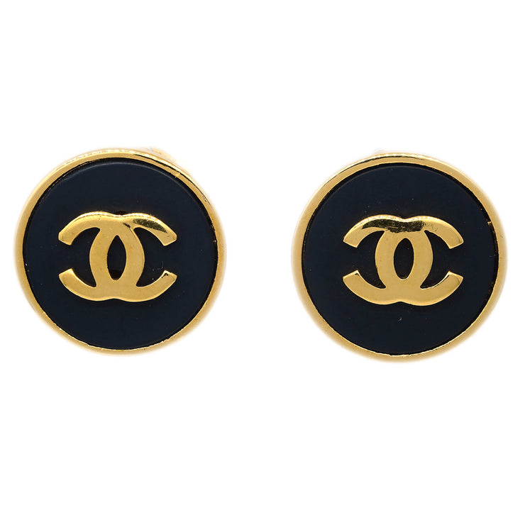 Chanel Button Earrings Clip-On Black Gold 23