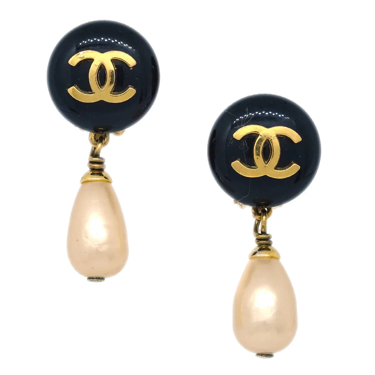 Chanel Artificial Pearl Dangle Earrings Clip-On Gold 94A