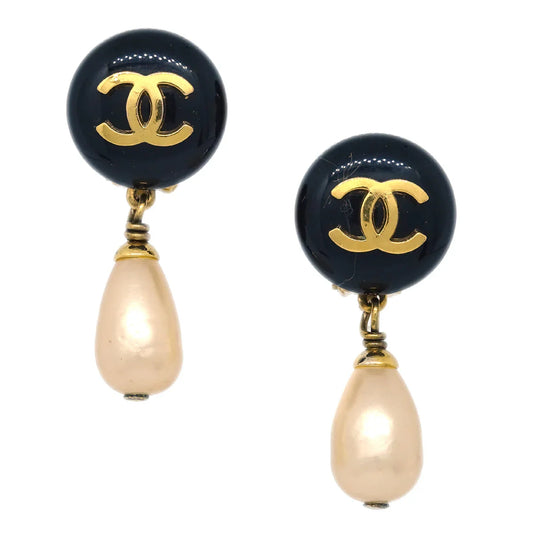 Chanel Artificial Pearl Dangle Earrings Clip-On Gold 94A