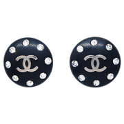 Chanel Button Earrings Clip-On Rhinestone Black 96P