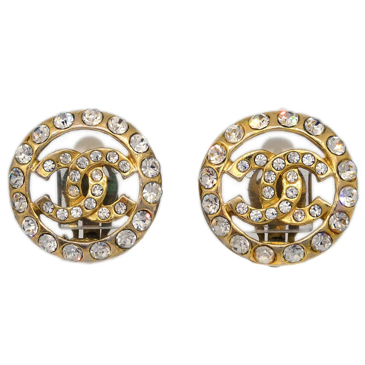 Chanel Gold Button Earrings Clip-On Rhinestone