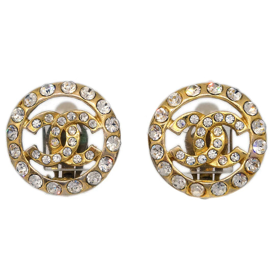 Chanel Gold Button Earrings Clip-On Rhinestone