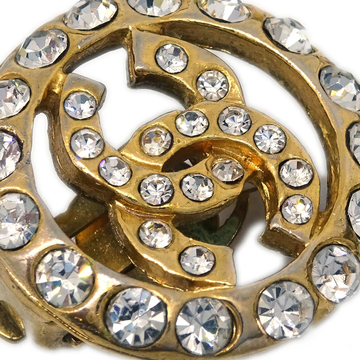 Chanel Gold Button Earrings Clip-On Rhinestone