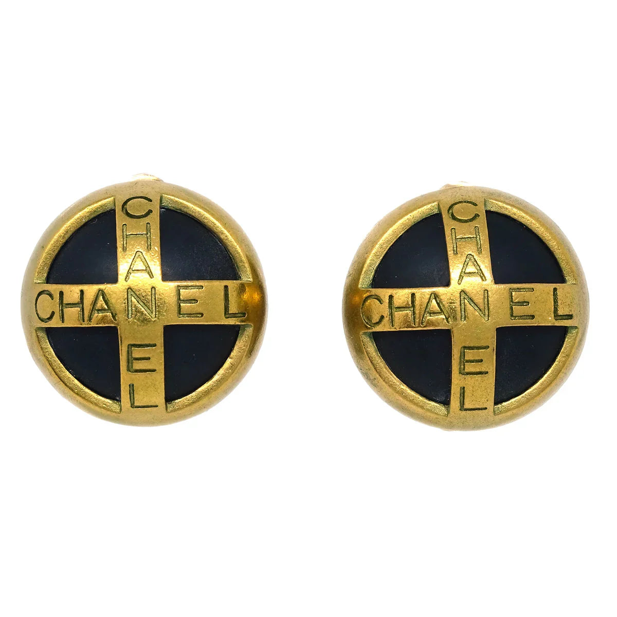 Chanel Button Earrings Clip-On Black Gold 94A