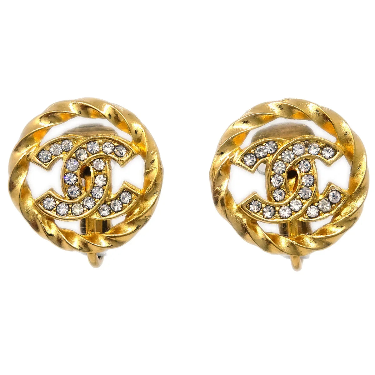 Chanel Gold Button Earrings Clip-On Rhinestone 2137