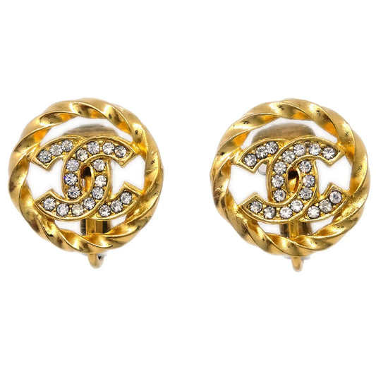 Chanel Gold Button Earrings Clip-On Rhinestone 2137