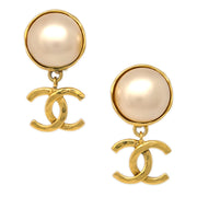 Chanel Artificial Pearl Dangle Earrings Clip-On Gold 94A