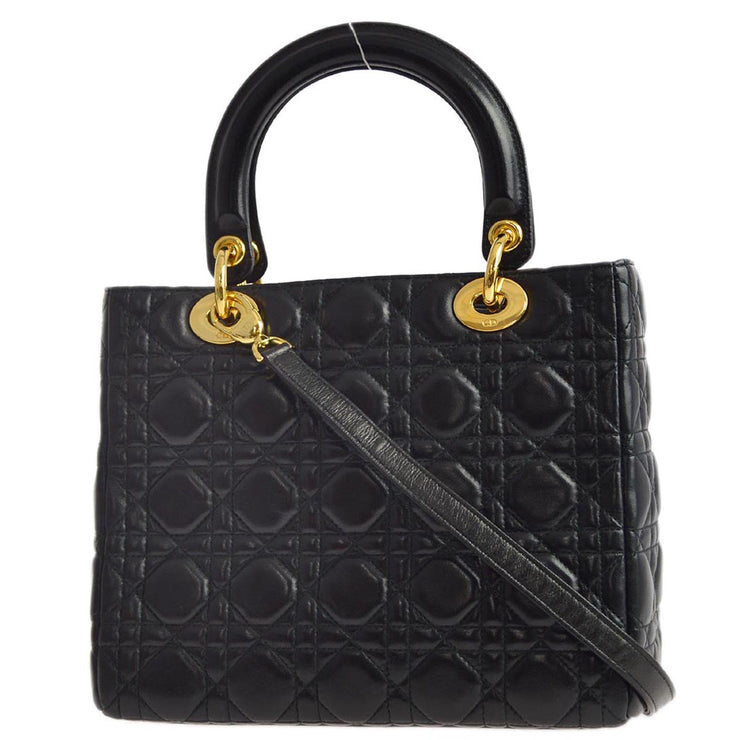 Christian Dior 2001 Black Lambskin Lady Dior Cannage 2way Shoulder Handbag