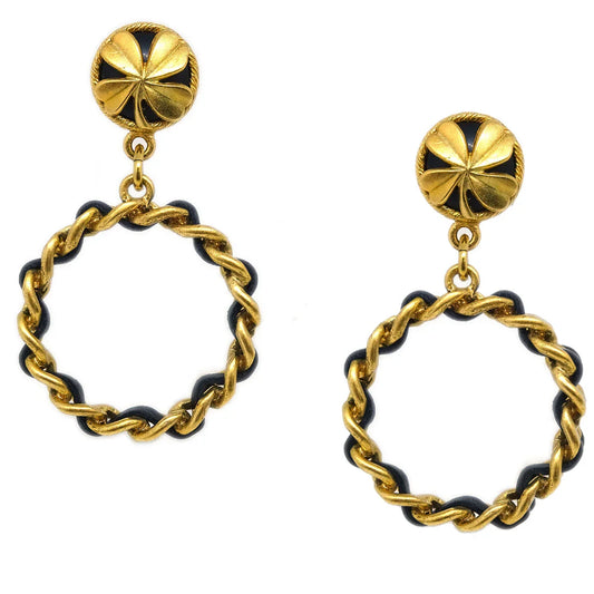Chanel Hoop Dangle Earrings Clip-On Gold Black 94C