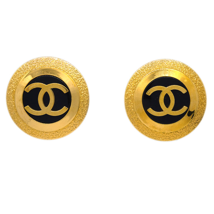 Chanel Button Earrings Clip-On Gold Black 93A