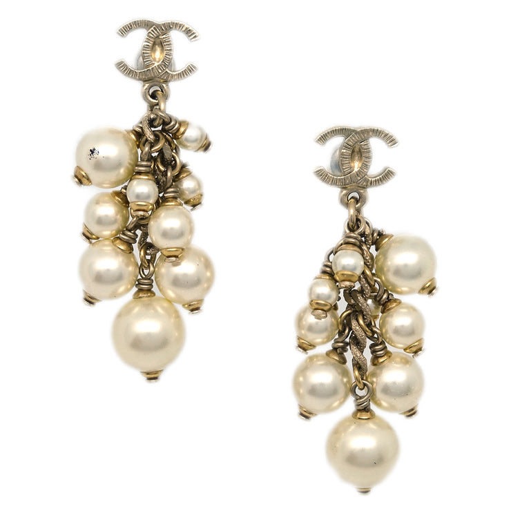 Chanel Dangle Piercing Earrings Artificial Pearl Gold A11P
