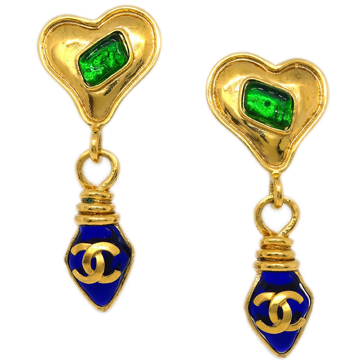 Chanel Gripoix Heart Dangle Earrings Clip-On Gold 95P