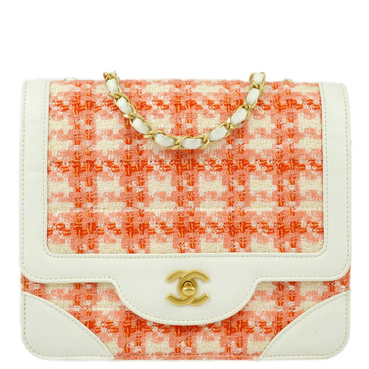 Chanel 2000-2001 White Orange Tweed Lambskin Chain Shoulder Bag