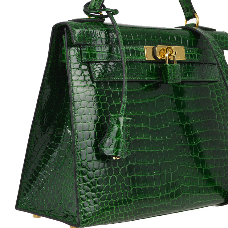 Hermes *2011 Green Porosus Kelly 28 Sellier 2way Shoulder Handbag