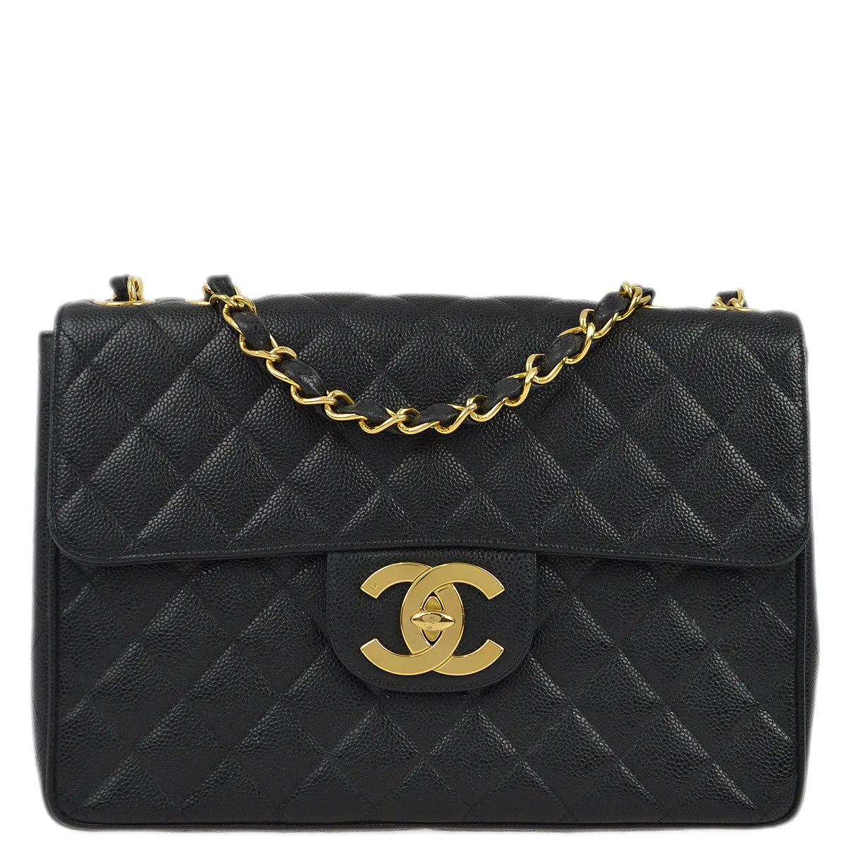Chanel 1994-1996 Black Caviar Jumbo Classic Flap Shoulder Bag