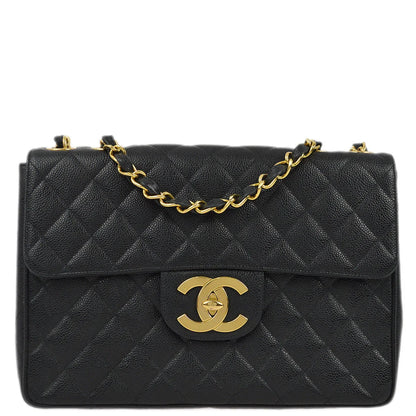 Chanel 1994-1996 Black Caviar Jumbo Classic Flap Shoulder Bag