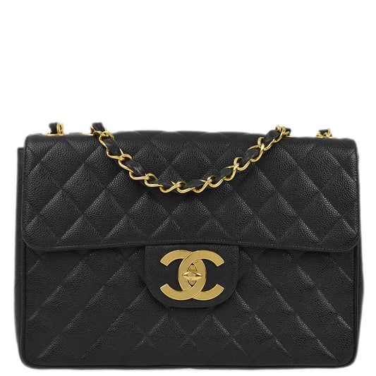 Chanel 1994-1996 Black Caviar Jumbo Classic Flap Shoulder Bag