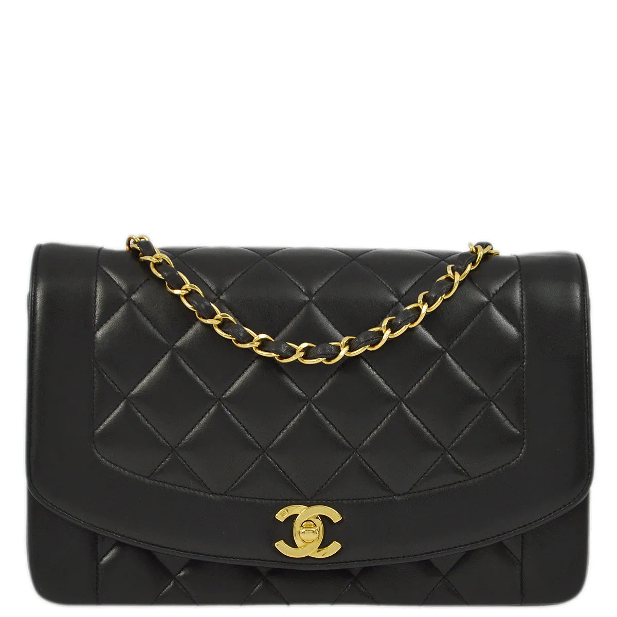 Chanel 1991-1994 Black Lambskin Medium Diana Shoulder Bag
