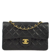 Chanel 1991-1994 Black Lambskin Small Classic Double Flap Shoulder Bag