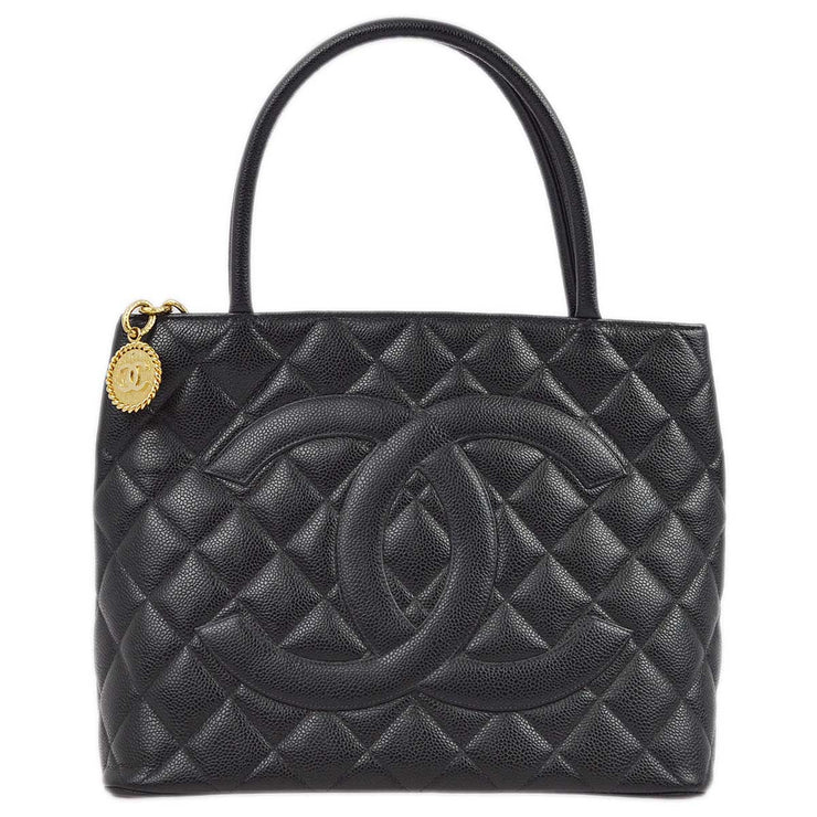 Chanel 2001-2003 Black Caviar Medallion Tote Handbag