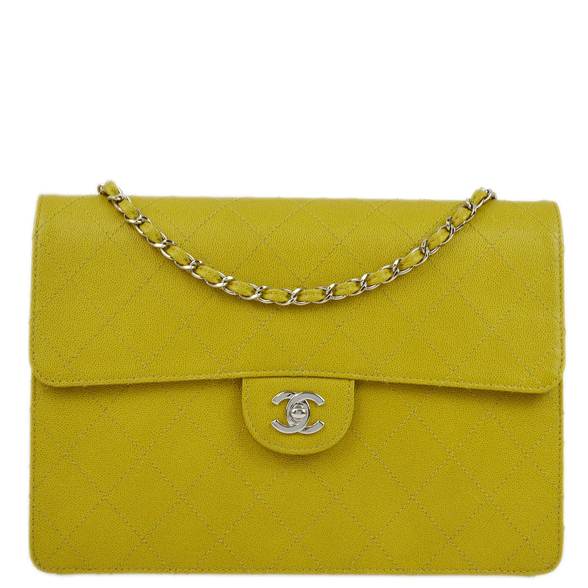 Chanel 1997-1999 Yellow Green Caviar Single Flap Shoulder Bag