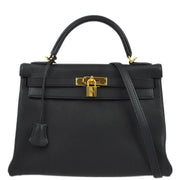 Hermes 2007 Black Fjord Kelly 32 Retourne 2way Shoulder Handbag