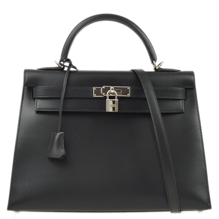 Hermes 2002 Black Black Box Calf Kelly 32 Sellier 2way Shoulder Handbag