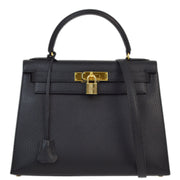 Hermes 1992 Black Ardennes Kelly 28 Sellier 2way Shoulder Handbag