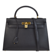 Hermes 1996 Black Ardennes Kelly 32 Sellier 2way Shoulder Handbag