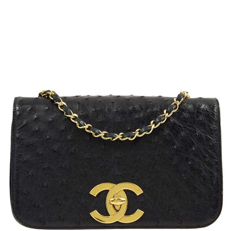 Chanel Black * Ostrich Turnlock Small Full Flap Shoulder Bag