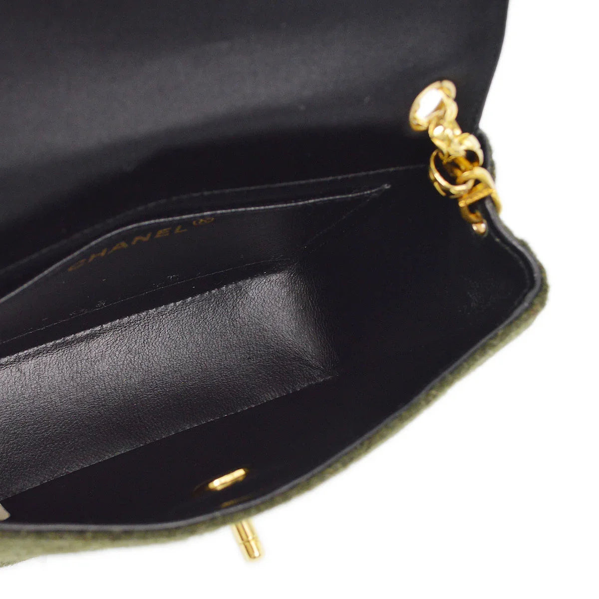 Chanel 1989-1991 Black Green Satin Felt Straight Flap Shoulder Bag