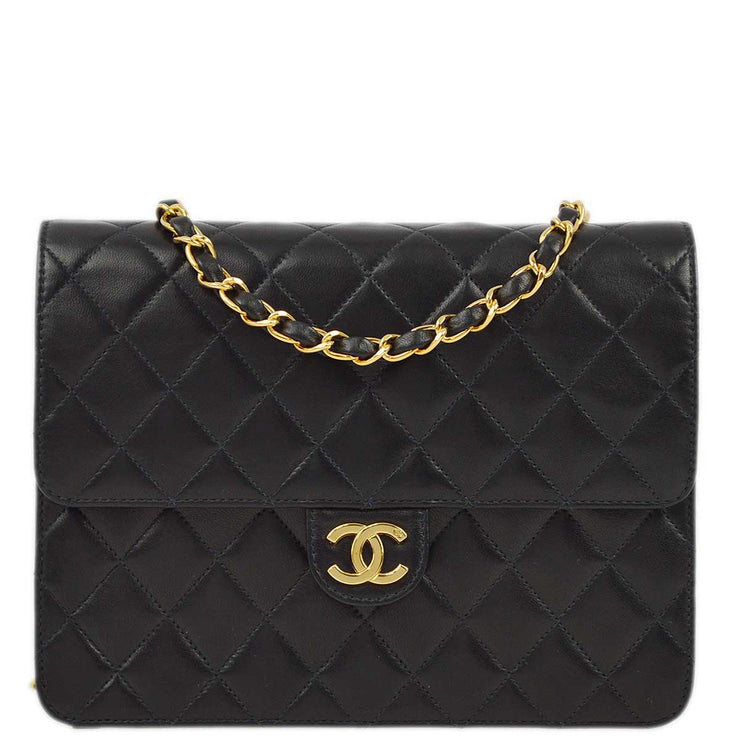 Chanel 1997-1999 Black Lambskin Pushlock Small Half Flap Shoulder Bag