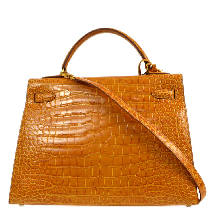 Hermes * 1997 Saffron Porosus Kelly 32 Sellier 2way Shoulder Handbag