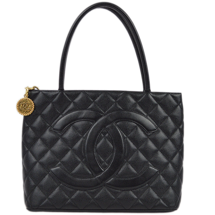 Chanel 2001-2003 Black Caviar Medallion Tote Handbag