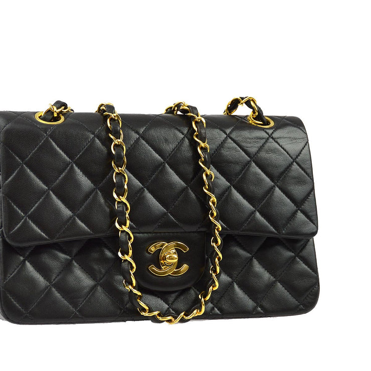 Chanel 1991-1994 Black Lambskin Small Classic Double Flap Shoulder Bag