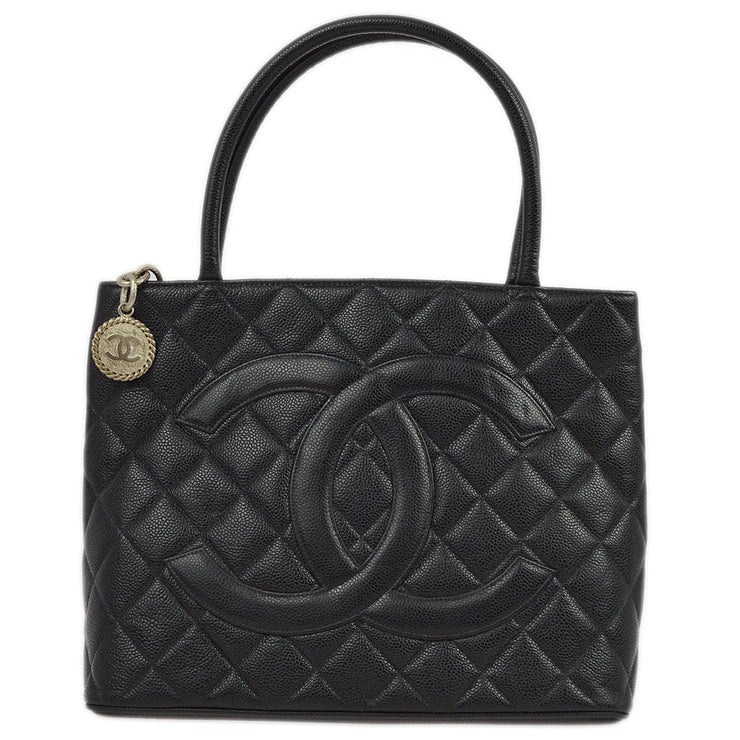 Chanel 2000-2001 Black Caviar Medallion Tote Handbag