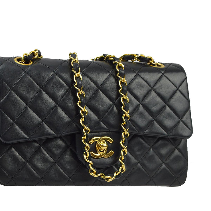 Chanel 1989-1991 Black Lambskin Small Classic Double Flap Shoulder Bag