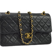 Chanel 1991-1994 Black Lambskin Small Classic Double Flap Shoulder Bag