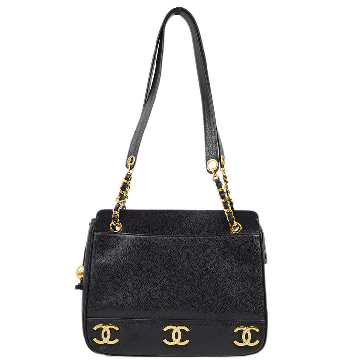 Chanel 1994-1996 Black Caviar Triple CC Shoulder Tote Bag