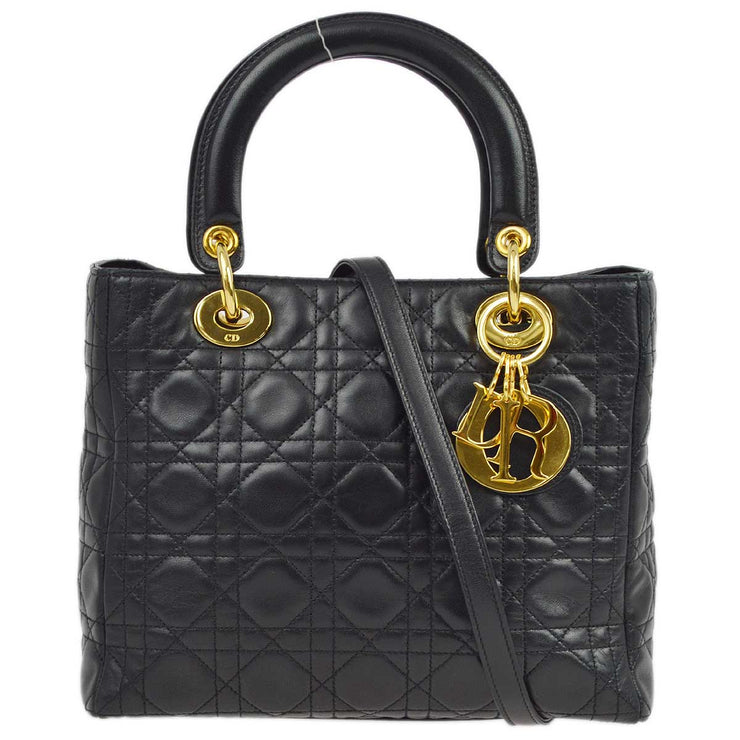 Christian Dior Black Lambskin Lady Dior Cannage 2way Shoulder Handbag