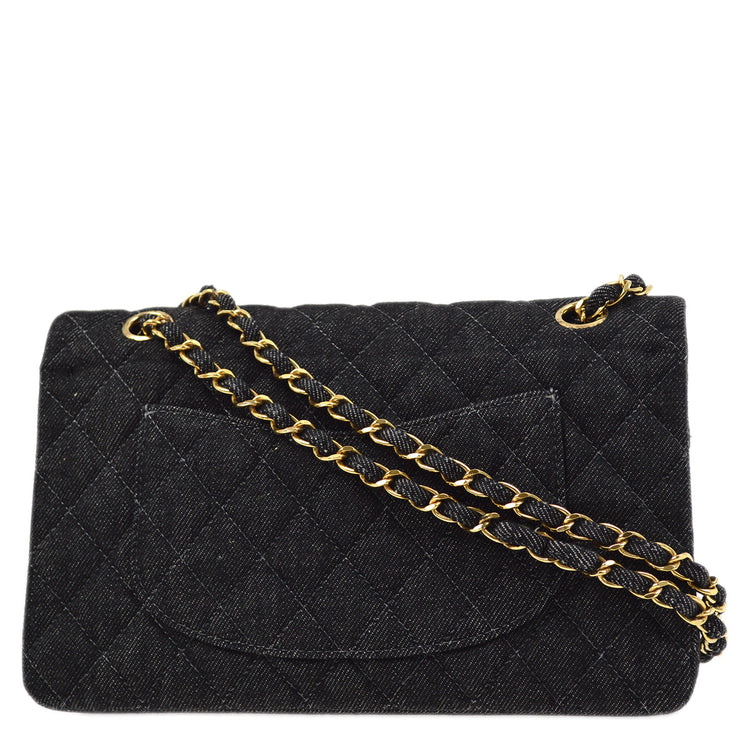 Chanel 1997-1999 Black Denim Medium Classic Double Flap Shoulder Bag