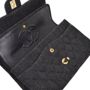 Chanel 1997-1999 Black Denim Medium Classic Double Flap Shoulder Bag