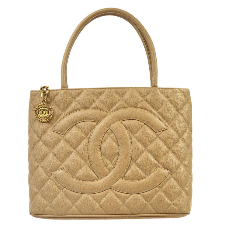 Chanel 2003-2004 Beige Caviar Medallion Tote Handbag