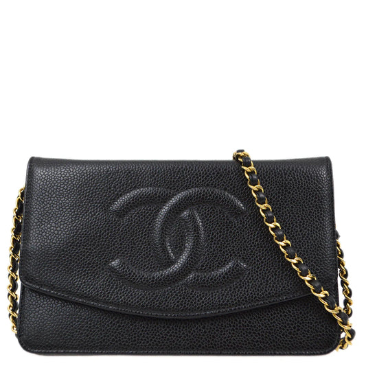 Chanel 2000-2001 Black Caviar WOC Chain Shoulder Wallet Bag