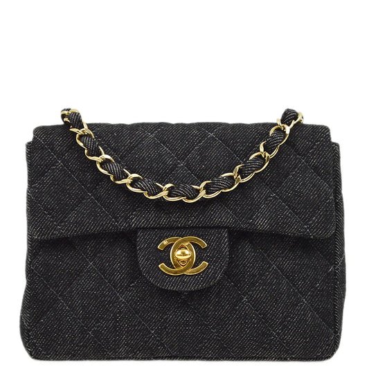 Chanel 2000-2001 Black Denim Mini Classic Square Flap Shoulder Bag 17