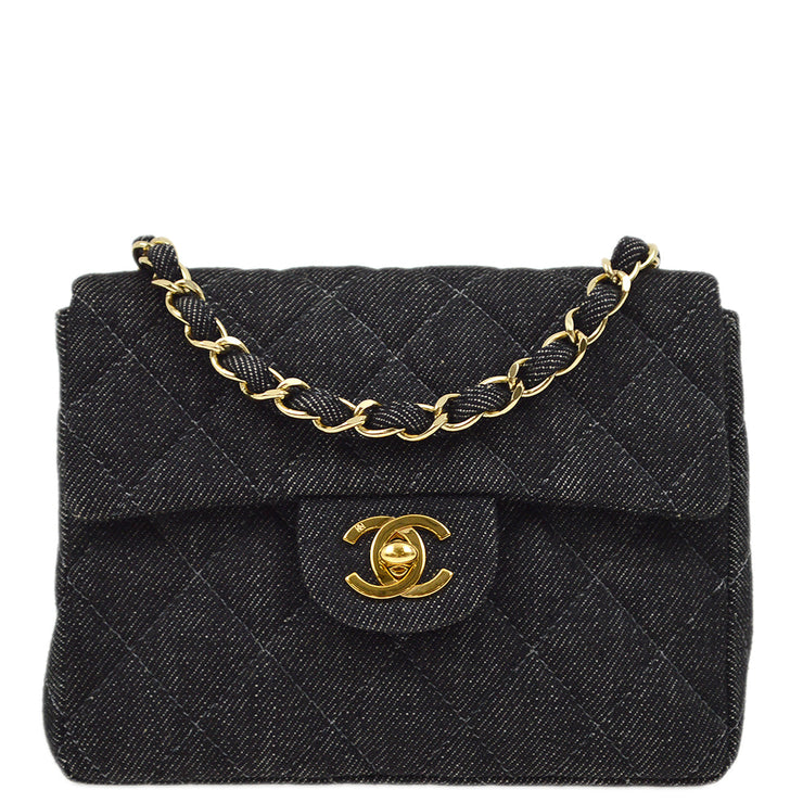 Chanel 2000-2001 Black Denim Mini Classic Square Flap Shoulder Bag 17