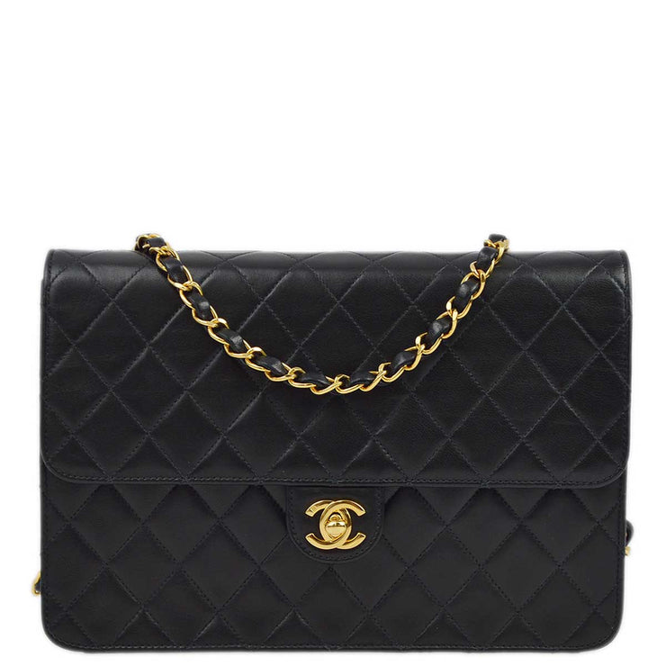 Chanel 2003-2004 Black Lambskin Turnlock Medium Half Flap Shoulder Bag